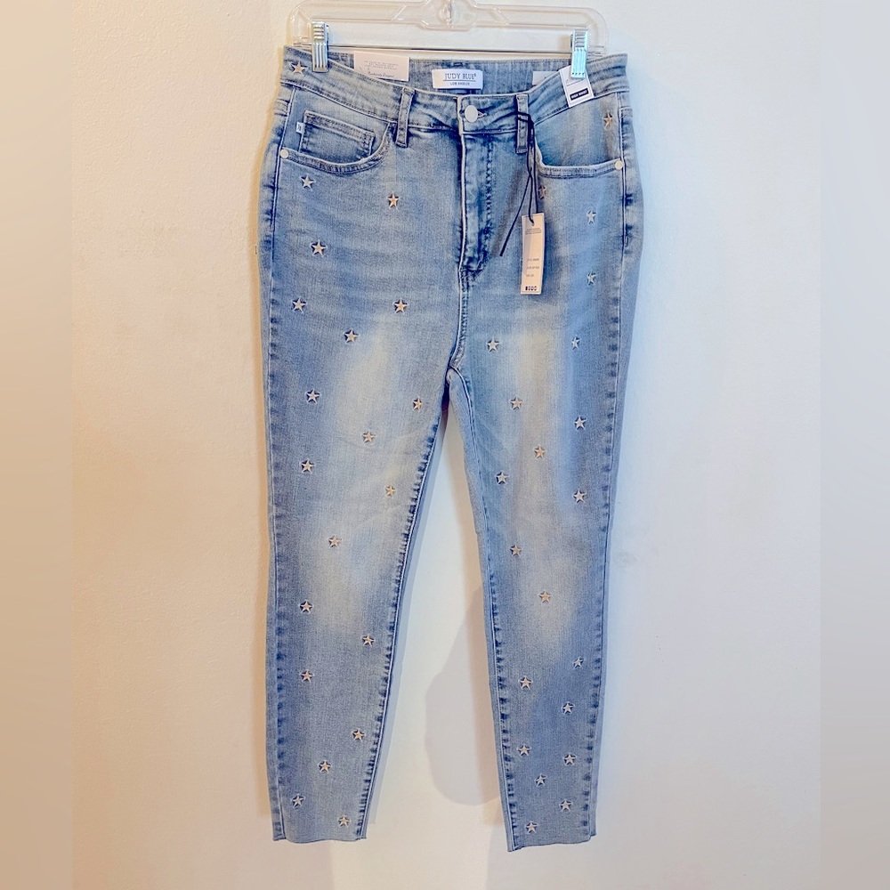 Judy Blue high waist Lt Blue jeans with tan embroidered stars all over